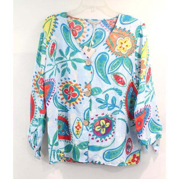Hester & Orchard Tops - Hester Orchard Linen Blend Top Womens size L Blue Floral Topical Summer Blouse